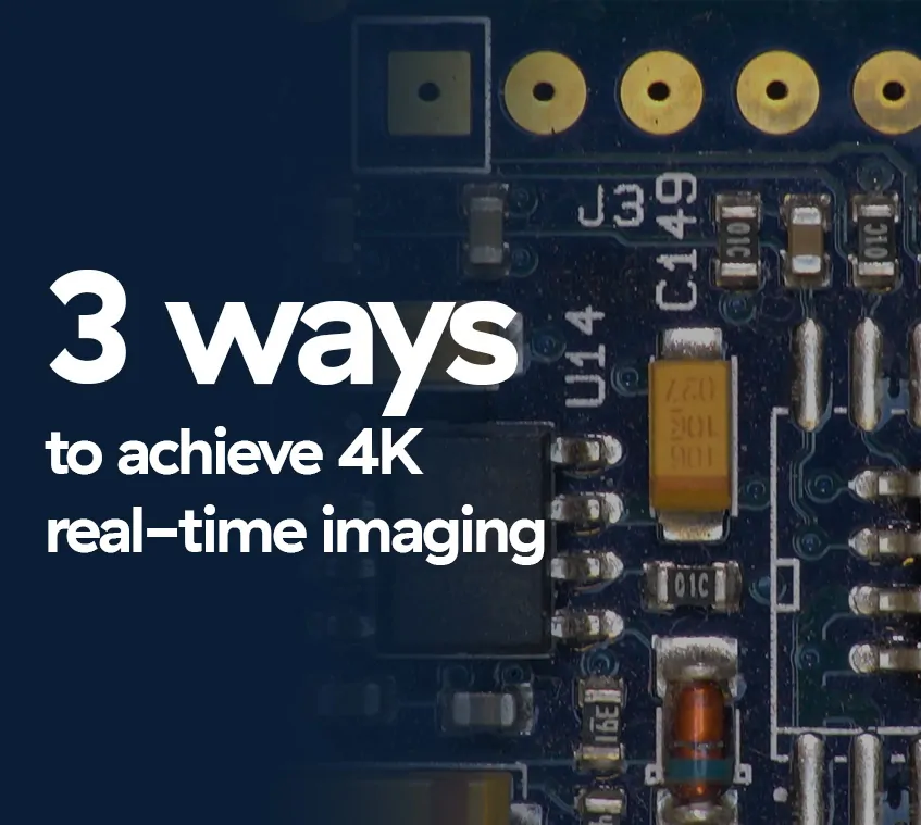 Magnified PCB with blue color overlay and white text '3 ways to achieve 4K real-time imaging'