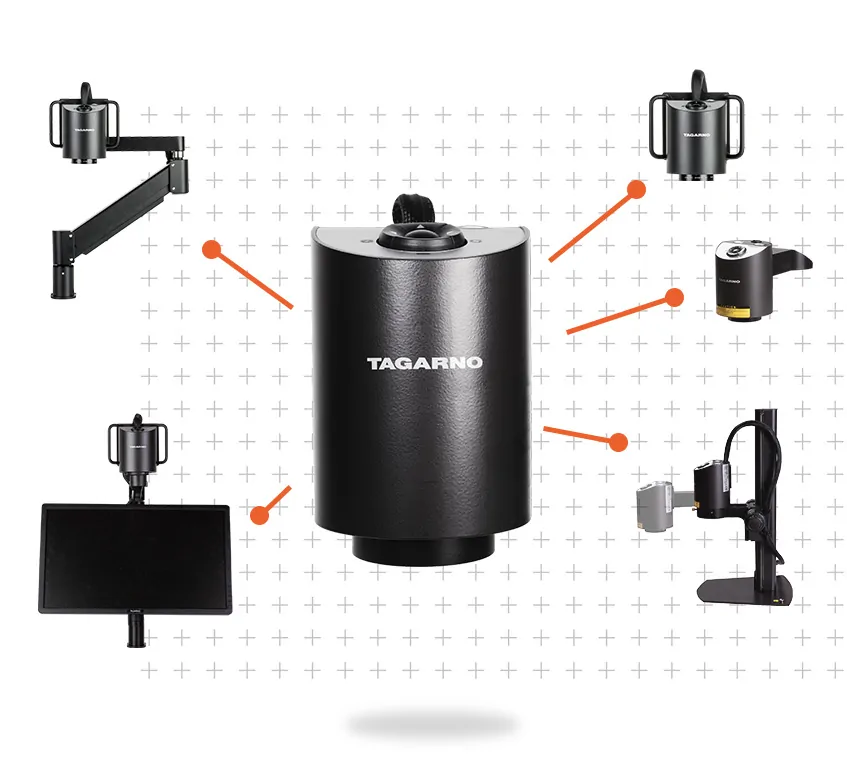 A hovering TAGARNO ZAP camera head and various mounting options on a textured background consisting of a pattern of plus icons