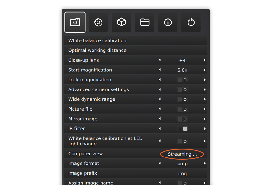 TAGARNO UI User Interface for camera settings live streaming image from microscope