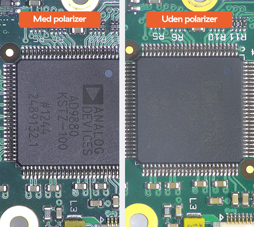 A side-by-side photo of a magnified PCB with and without a Polarizer