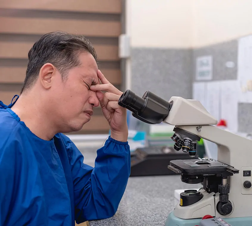 Microscope operator rubbing his eyes due to eyestrain