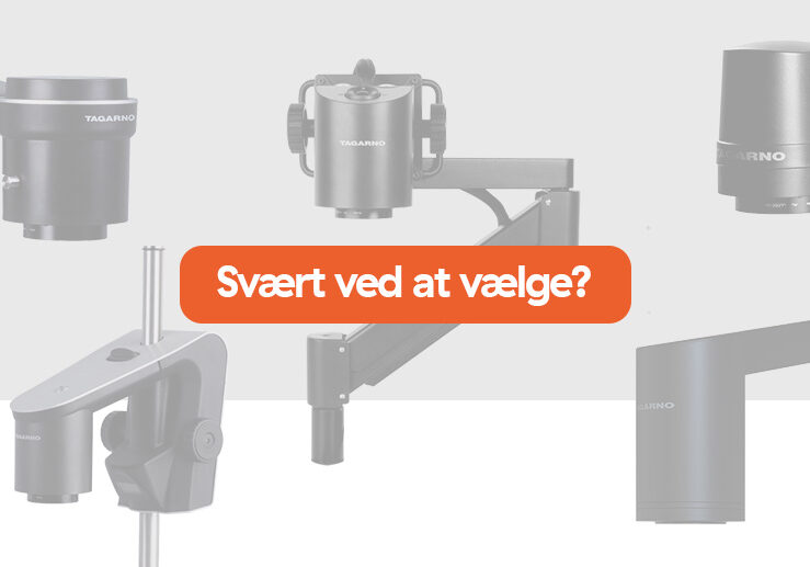 All TAGARNO microscopes greyed out with an orange text box on top saying "Svært ved at vælge?"